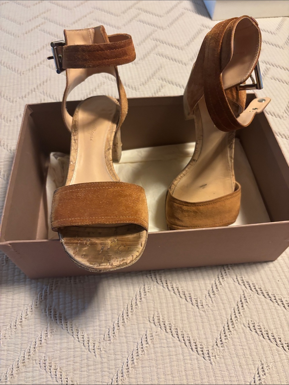 Gianvito Rossi Tan Suede Ankle-Strap Cork Block Heels - Picture 3 of 5